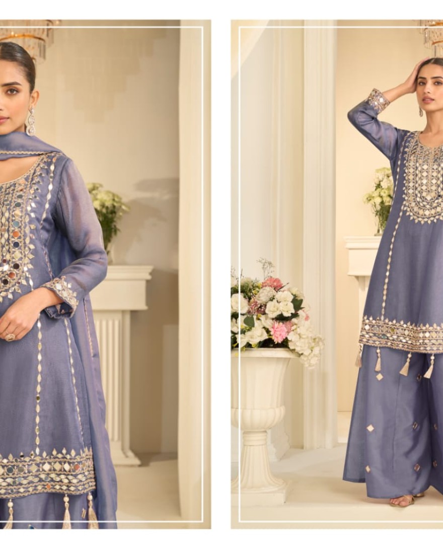 BLUE - Mist Purple Mirror Embroidery Sharara Style Suit